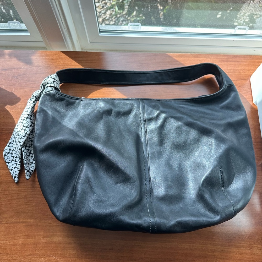 Coach black leather hobo bag with signature Coach scarf/tie